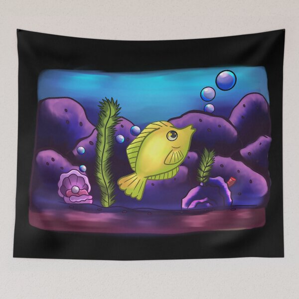 Item preview, yellow Surgeon fish underwater with a sea clam blowing bubbles, in shades of purple, green, blue and yellow. designed and sold by kitsuneins.