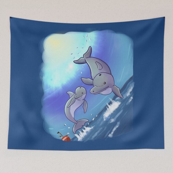 Item preview, dia soleado ,delfines saliendo del mar para saludar a un viajero en un barco, anime, ilustracion en tonos azules, ilustracion animales marinos designed and sold by kitsuneins.