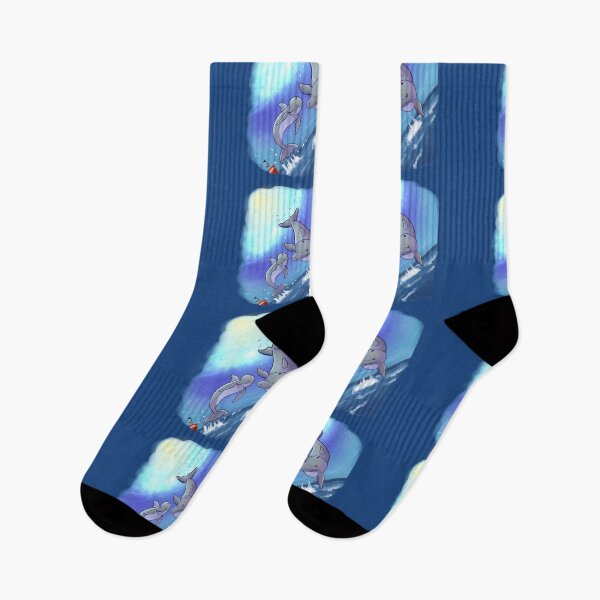 Item preview, Sunny day, dolphins leaving the sea to greet a traveler in a ship, anime, illustration in blue tones, illustration marine animals designed and sold by kitsuneins.
