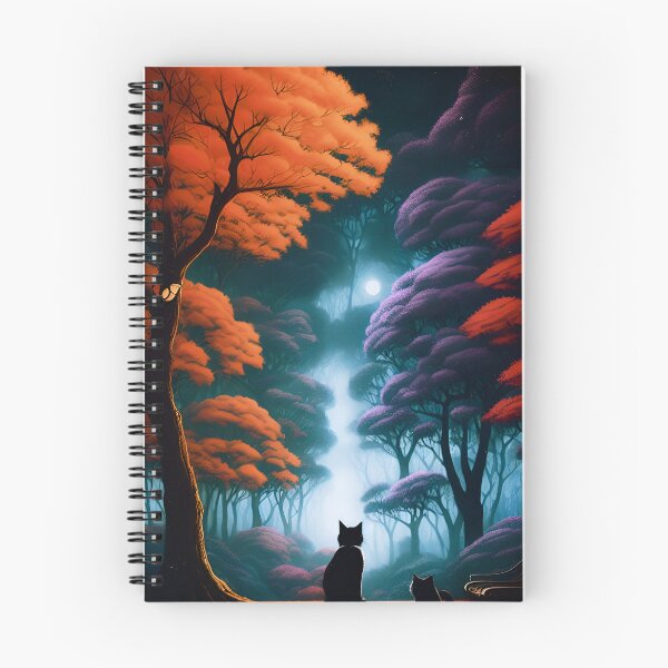 Item preview, black cats waiting in the dark forest woods purple yellow tree fall autumn season moon light animation art illustration sticker greeting card postcard notebook designed and sold by FRH Design ⭐⭐⭐⭐⭐.