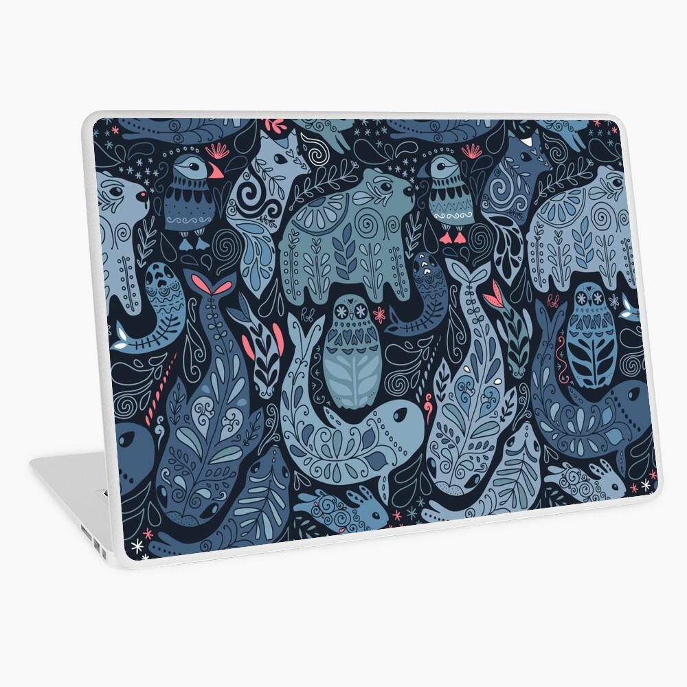 Arctic animals. Narwhal, polar bear, whale, puffin, owl, fox, bunny, seal. Laptop Skin