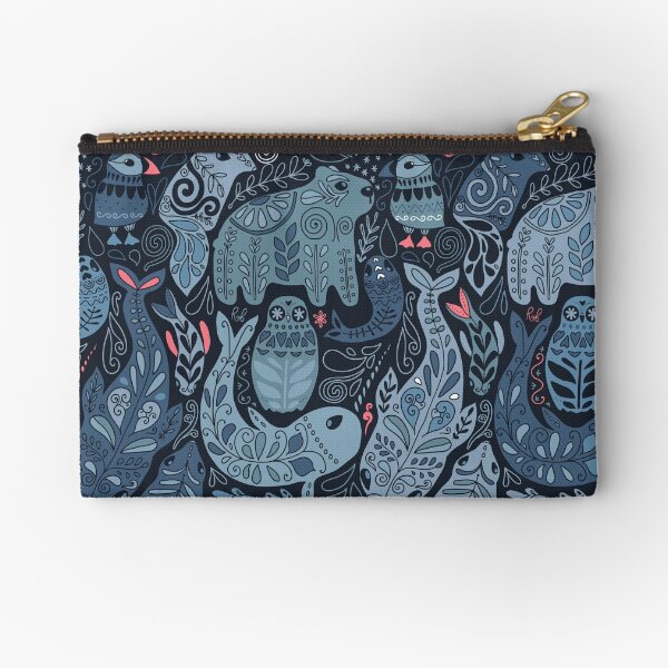 Arctic animals. Narwhal, polar bear, whale, puffin, owl, fox, bunny, seal. Zipper Pouch