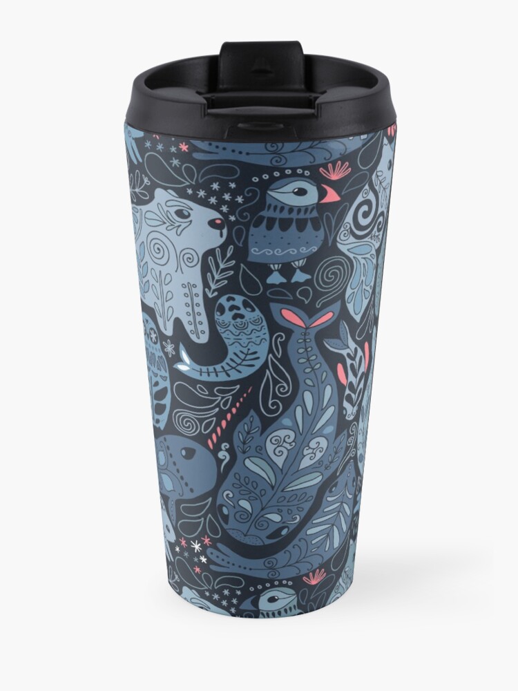 Alternate view of Arctic animals. Narwhal, polar bear, whale, puffin, owl, fox, bunny, seal. Travel Coffee Mug