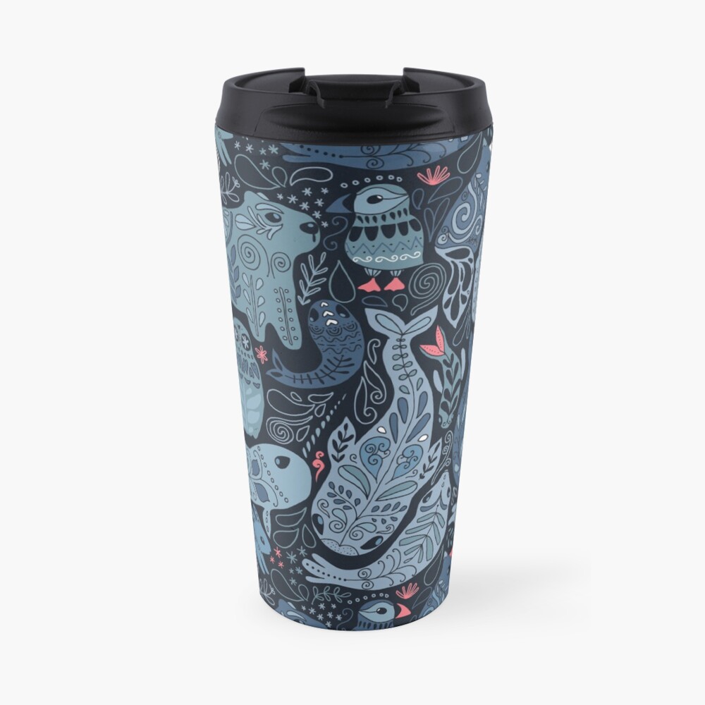 Arctic animals. Narwhal, polar bear, whale, puffin, owl, fox, bunny, seal. Travel Coffee Mug