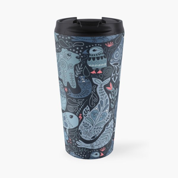 Arctic animals. Narwhal, polar bear, whale, puffin, owl, fox, bunny, seal. Travel Coffee Mug
