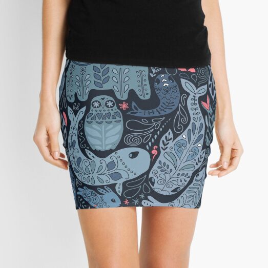 Arctic animals. Narwhal, polar bear, whale, puffin, owl, fox, bunny, seal. Mini Skirt