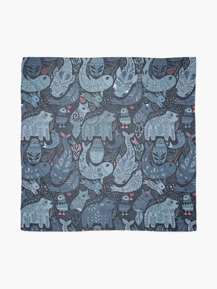 Alternate view of Arctic animals. Narwhal, polar bear, whale, puffin, owl, fox, bunny, seal. Scarf