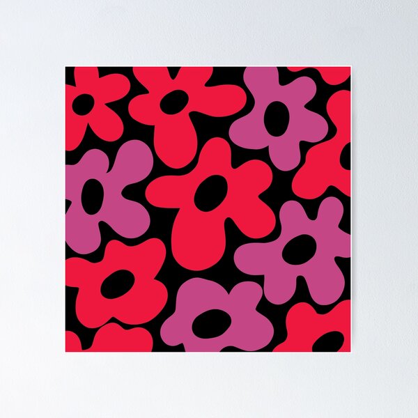Vista previa del artículo con la obra «Patrón retro de flores rojas y rosas de los años 60 sobre fondo negro», diseñado y vendido por DEC02.