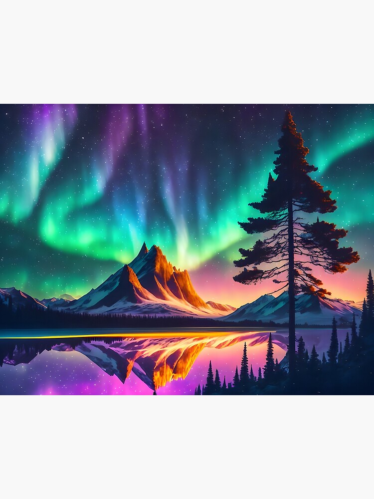 Aurora Borealis Landscape Moon Night Starry Sky Artistic Surreal