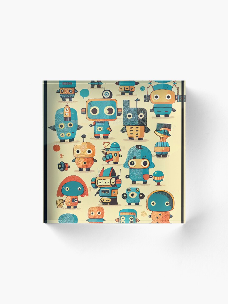 Thumbnail 1 of 5, Acrylic Block, Cute Robots Pattern designed and sold by CutePatternsRB.