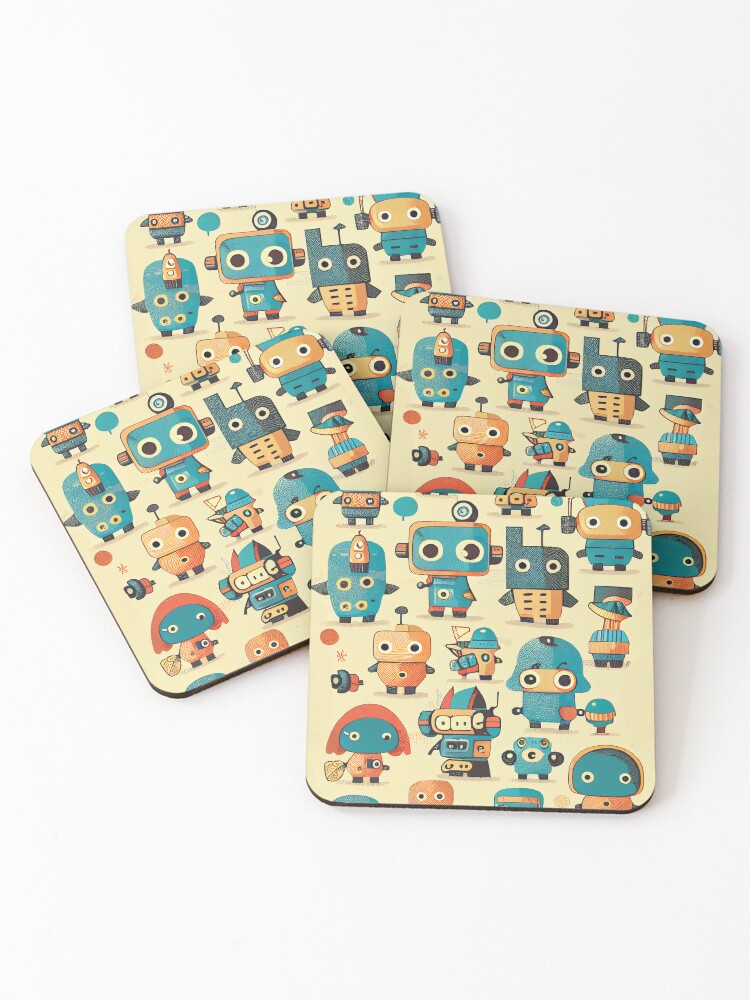 Thumbnail 1 von 5, Untersetzer (4er Set), Cute Robots Pattern designt und verkauft von CutePatternsRB.
