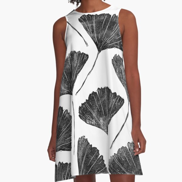 Ginkgo biloba, Lino cut nature inspired leaf pattern A-Line Dress