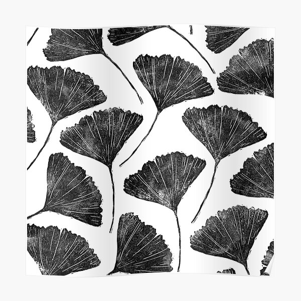 Ginkgo biloba, Lino cut nature inspired leaf pattern Poster