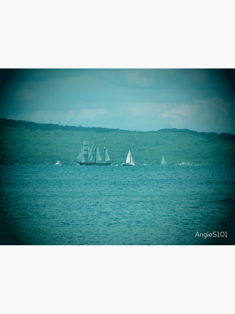 "Vintage view of an old sailing ship through a telescope" Sticker for