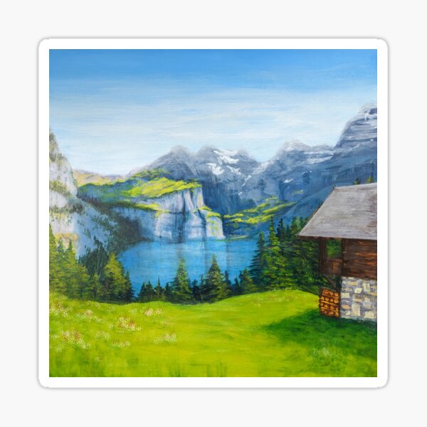Alpine Lake landscape painting print in fresh blue and green Sticker