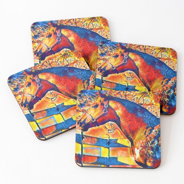 Item preview, Appaloosa horse sitting near a tree and fence – colorful painting in blue, red and yellow designed and sold by NickoPrints.