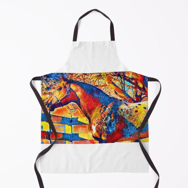 Item preview, Appaloosa horse sitting near a tree and fence – colorful painting in blue, red and yellow designed and sold by NickoPrints.