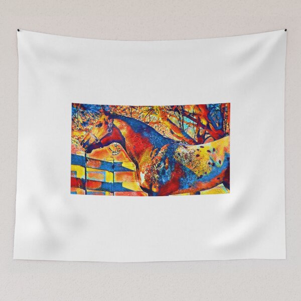 Item preview, Appaloosa horse sitting near a tree and fence – colorful painting in blue, red and yellow designed and sold by NickoPrints.
