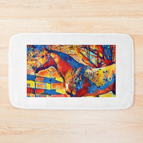 Item preview, Appaloosa horse sitting near a tree and fence – colorful painting in blue, red and yellow designed and sold by NickoPrints.