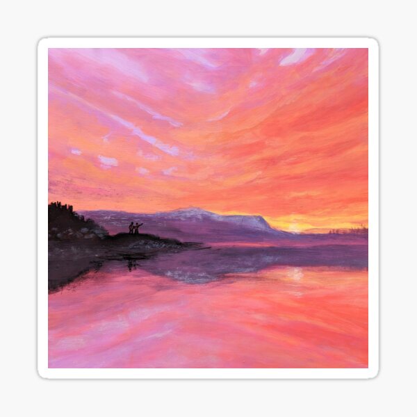 Nordic Rose landscape painting print with red and lilac sunset Sticker