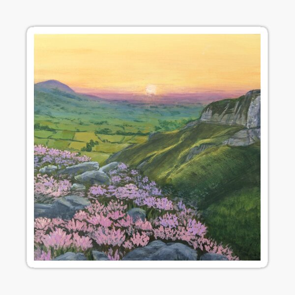 Hope Valley landscape painting print with heather and a warm sunset Sticker