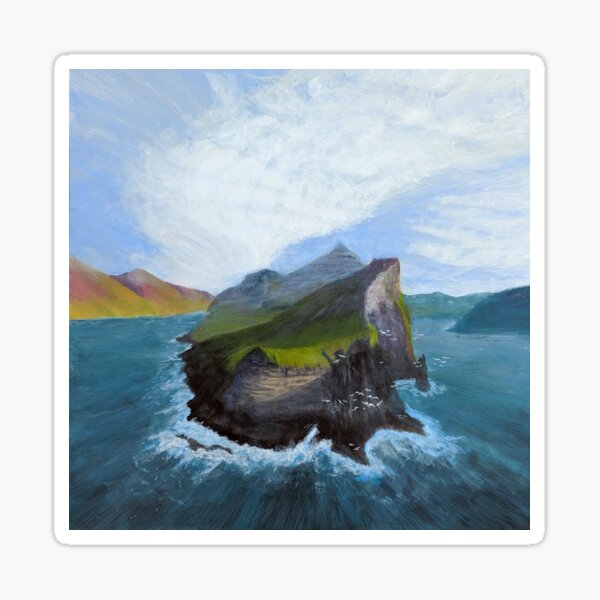 Kalsoy Island landscape painting print with white clouds and seabirds Sticker