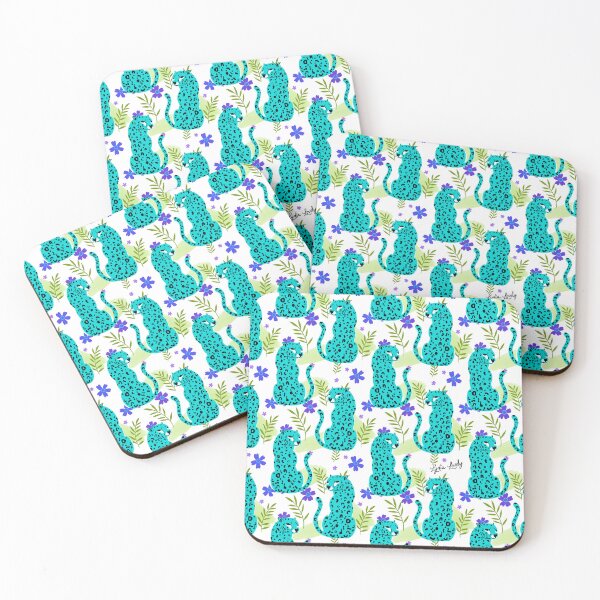 Artikelvorschau, Jaguar looking back pattern teal- white background entworfen und verkauft von Studio Lydia Lovely.