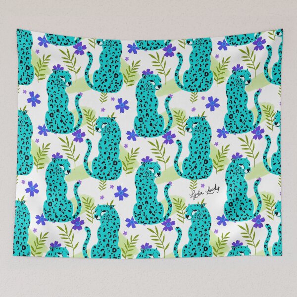 Artikelvorschau, Jaguar looking back pattern teal- white background entworfen und verkauft von Studio Lydia Lovely.