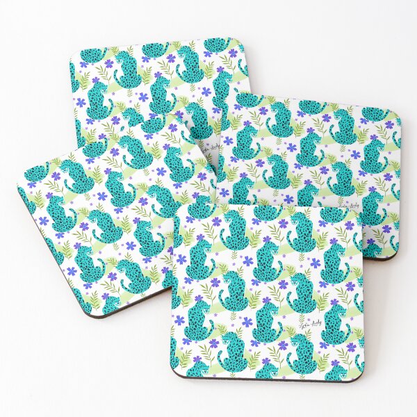 Artikelvorschau, Jaguar looking back pattern teal- white background entworfen und verkauft von Studio Lydia Lovely.