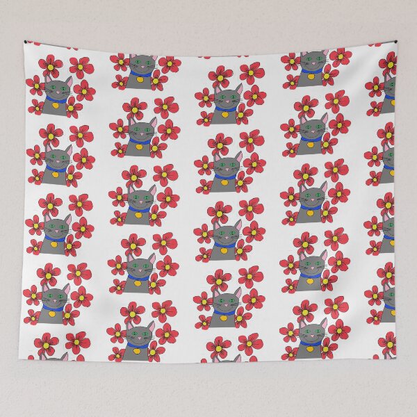 Item preview, Cute grey cat with flowers  designed and sold by MiowandMolly.