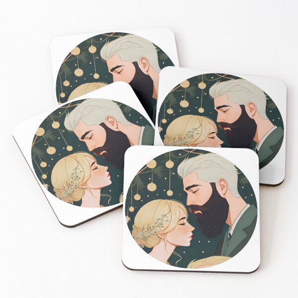 Item preview, christmas wedding couple green gold ornament blonde beard silver hair drawing art illustration sticker designed and sold by FRH Design ⭐⭐⭐⭐⭐.
