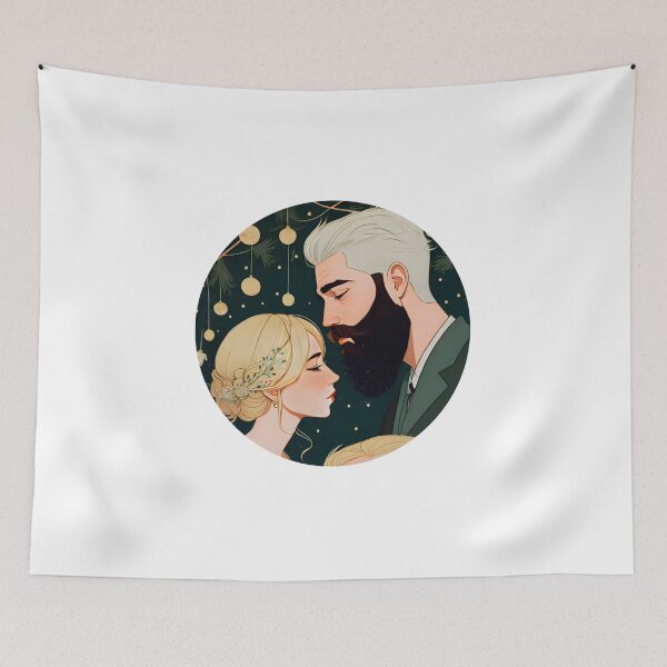 Item preview, christmas wedding couple green gold ornament blonde beard silver hair drawing art illustration sticker designed and sold by FRH Design ⭐⭐⭐⭐⭐.