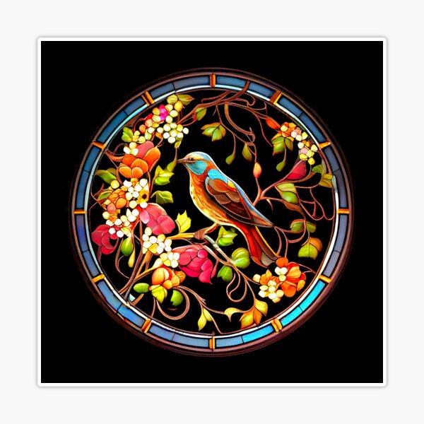 Colorful Bird and Flower Stained Glass Art, Black Background Sticker for  Sale by factory88