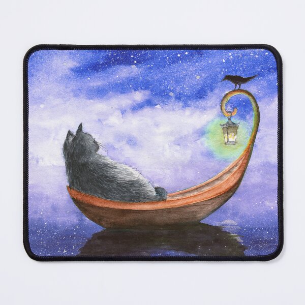 Item preview, Watercolor picture of a cat in a boat with a raven designed and sold by MaryWatercolor.