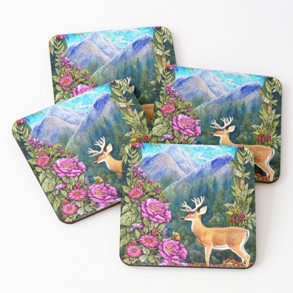 Item preview, Deer, Flowers with Beautiful Mountain Backdrop Simulated Quilt designed and sold by Sweet  Zoe Shop.
