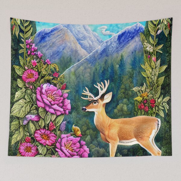 Item preview, Deer, Flowers with Beautiful Mountain Backdrop Simulated Quilt designed and sold by Sweet  Zoe Shop.