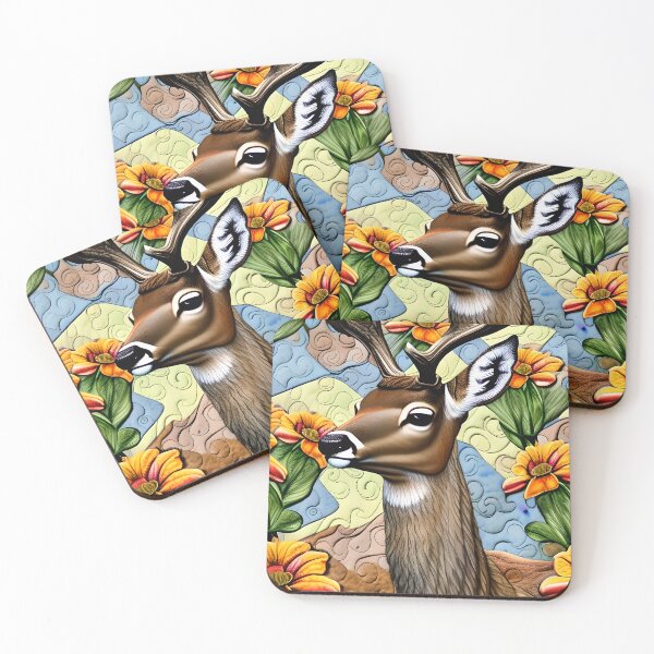 Item preview, Stunning Deer with Flowers Muted Colors Simulated Quilt designed and sold by Sweet  Zoe Shop.