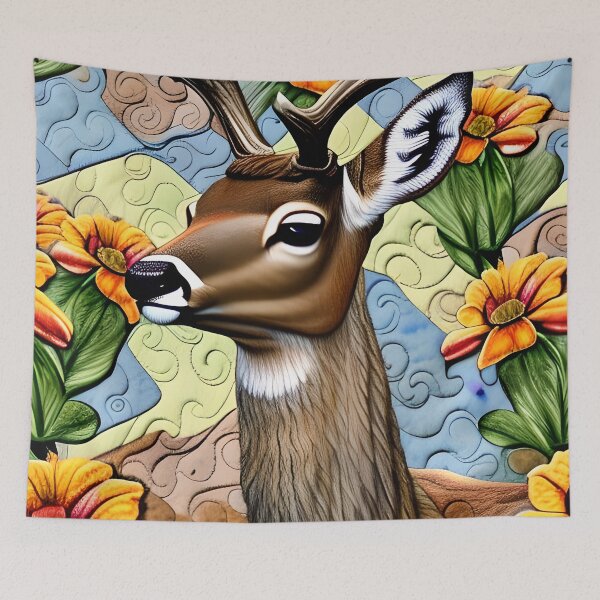 Item preview, Stunning Deer with Flowers Muted Colors Simulated Quilt designed and sold by Sweet  Zoe Shop.