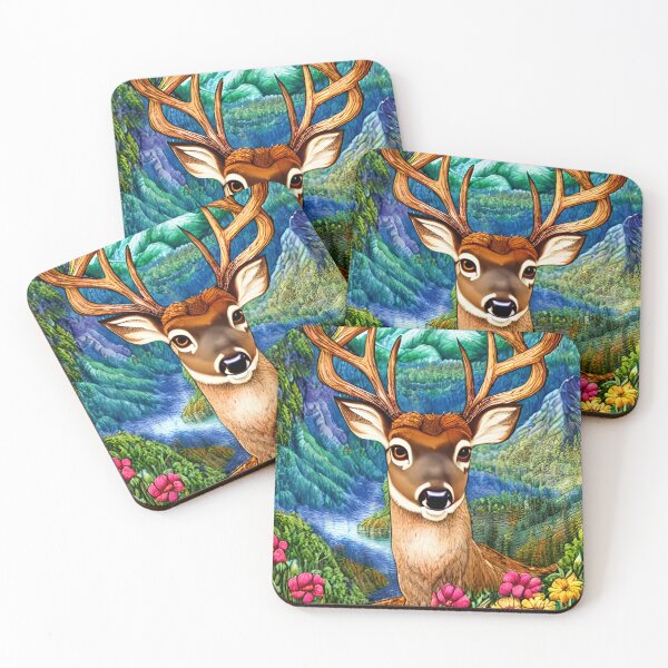 Item preview, Deer with Big Antlers Beautiful Wildflowers, Mountains and Valley  designed and sold by Sweet  Zoe Shop.