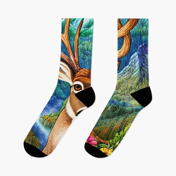 Item preview, Deer with Big Antlers Beautiful Wildflowers, Mountains and Valley  designed and sold by Sweet  Zoe Shop.