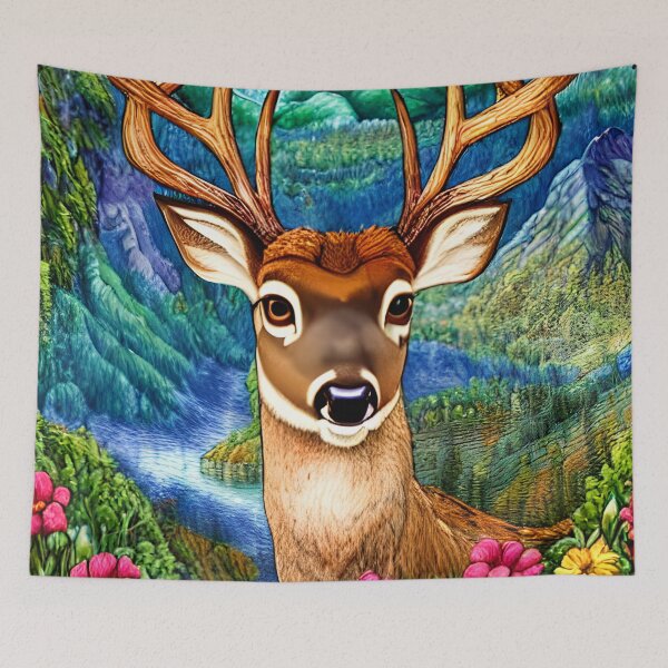 Item preview, Deer with Big Antlers Beautiful Wildflowers, Mountains and Valley  designed and sold by Sweet  Zoe Shop.