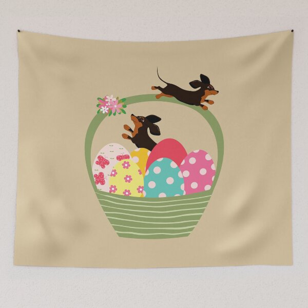 Item preview, Dachshund Dog with Easter Eggs in Basket designed and sold by SeasonalDogs.