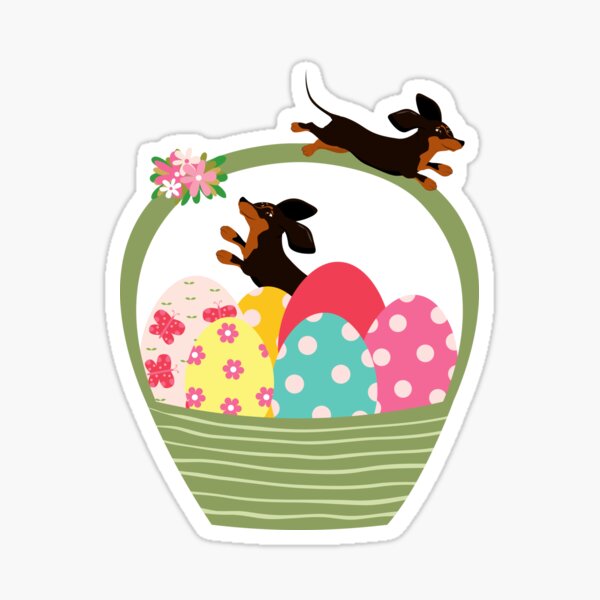 Item preview, Dachshund Dog with Easter Eggs in Basket designed and sold by SeasonalDogs.