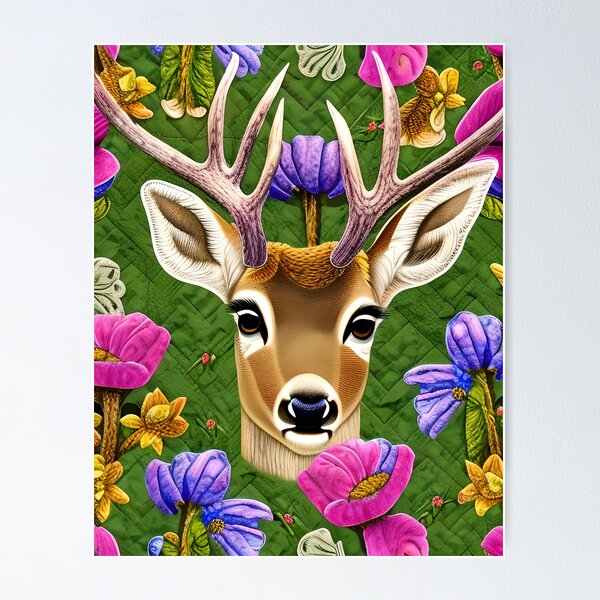 Item preview, Deer Head, Antlers Flowers Simulated Quilt designed and sold by Sweet  Zoe Shop.