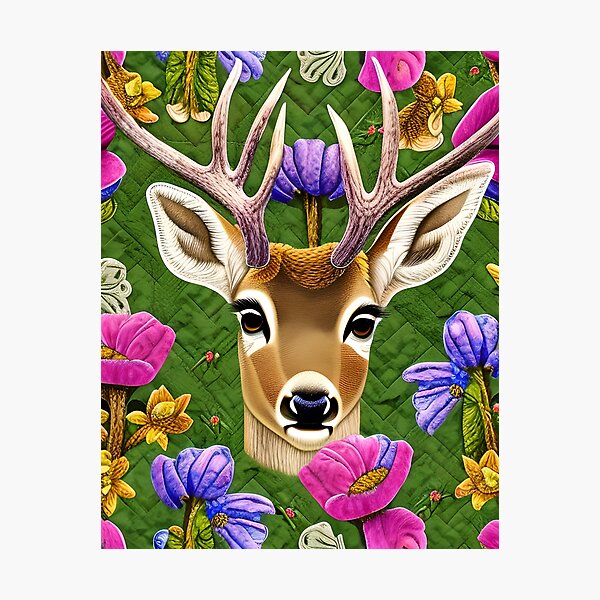 Item preview, Deer Head, Antlers Flowers Simulated Quilt designed and sold by Sweet  Zoe Shop.