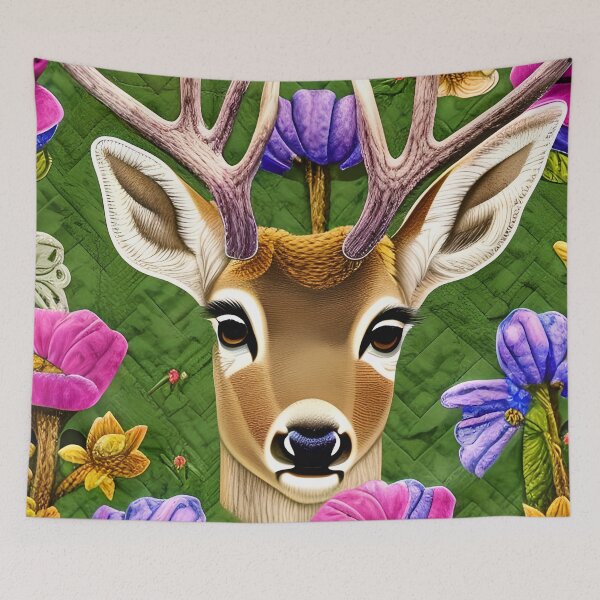 Item preview, Deer Head, Antlers Flowers Simulated Quilt designed and sold by Sweet  Zoe Shop.