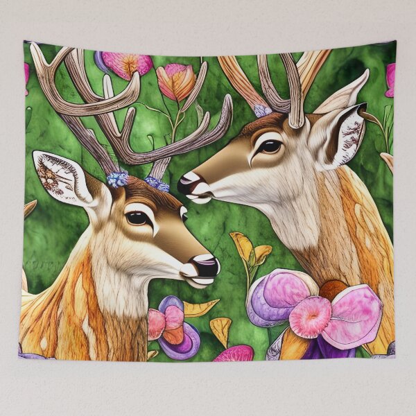 Item preview, Two Deer Heads, Bright Flowers Simulated Quilt designed and sold by Sweet  Zoe Shop.