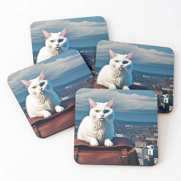 Item preview, a reckless magical scared white cat wearing a leather bag sitting on a rooftop with a view of a neyou york staring at the status of liberty designed and sold by Digitalartsimo.