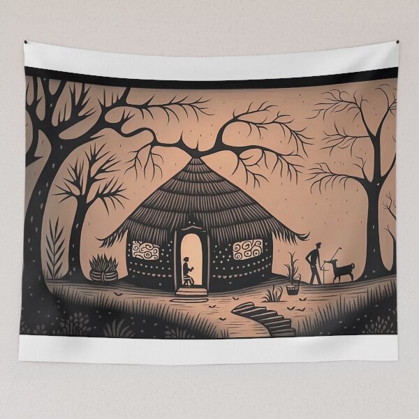 Item preview, Family in an African Hut warli painting designed and sold by artyficial-.
