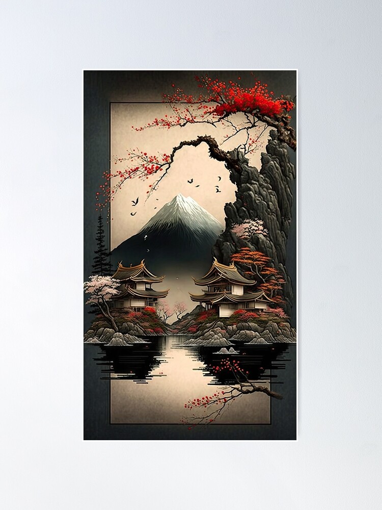 Japanese Landscape #2, Digital Art, Wall Art, Japanese vertical print,  Pagodas Cherry Blossoms and Mt Fuji, Japanese ink brush, Digital Download,  Home Decor, Printable
